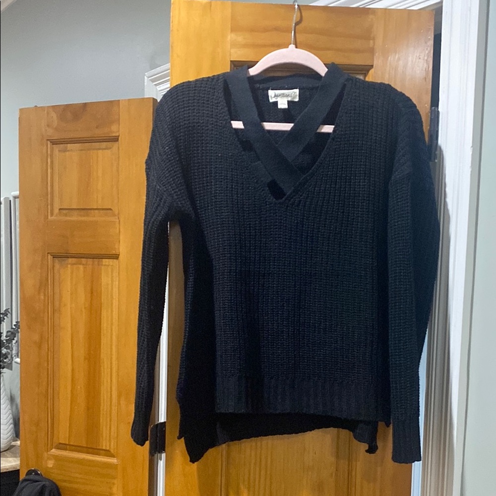 Black V-Neck Knit Sweater with strappy detail